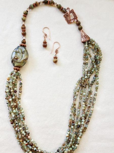 Ryolite Multi-Strand Necklace with Toni Lutman Pendant and Copper Clasp